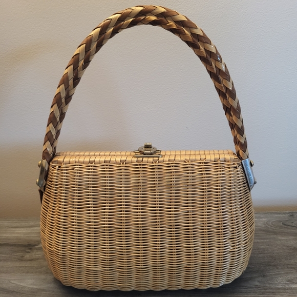 Vintage Beaded Woven Top Handle Bag Natural Wicker MCM - Picture 2 of 10